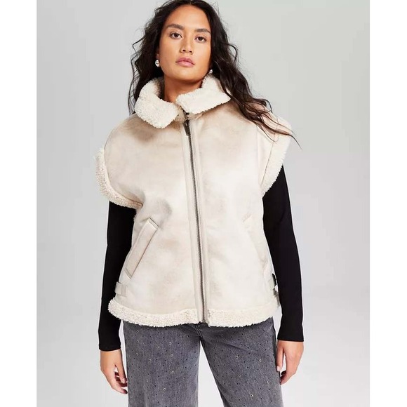 And Now This Cream Faux Fur Trim Sherpa Vest Small Chic Outerwear Layering - Picture 1 of 13